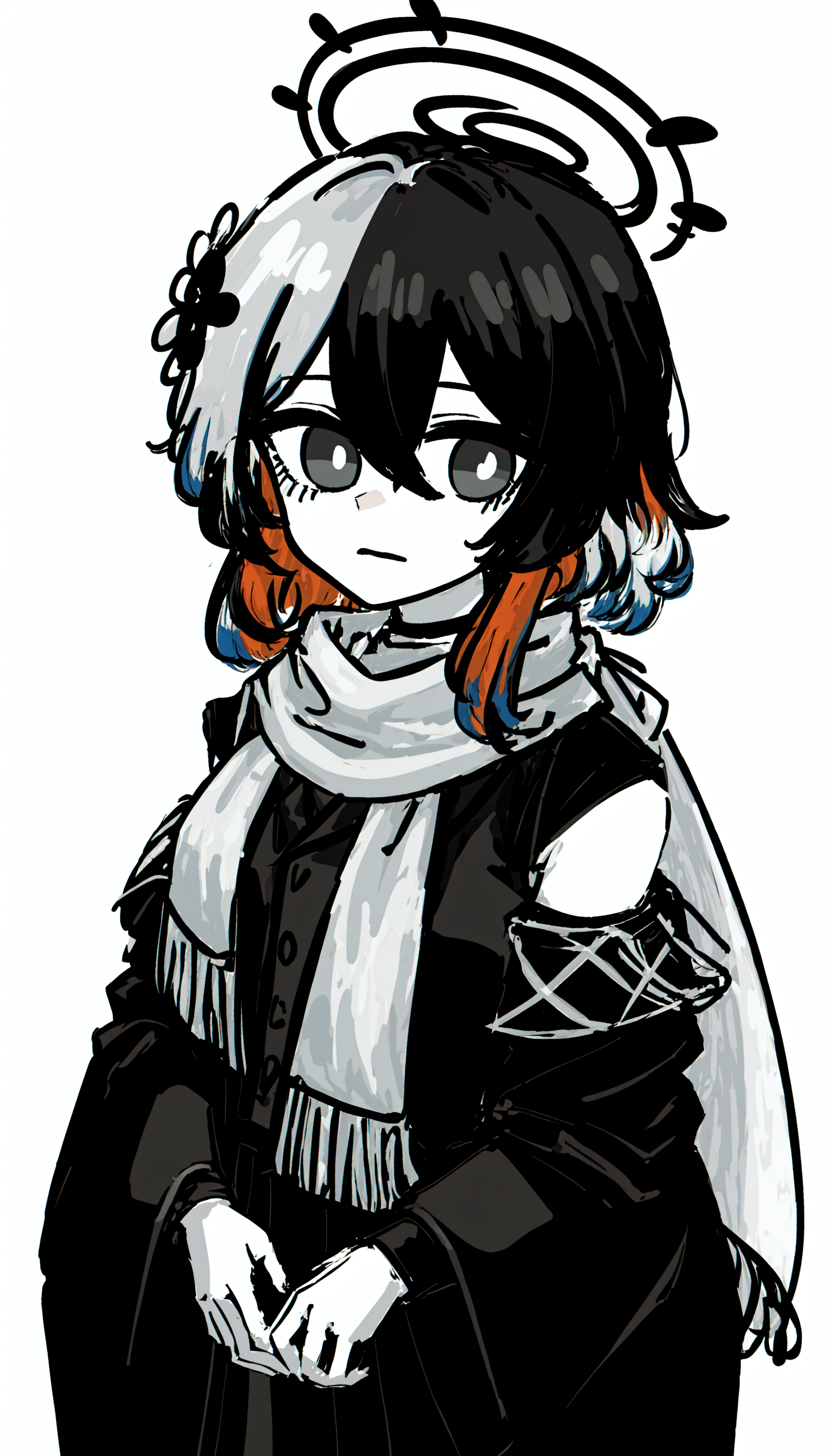 08472-3362370264-hair flower, halo, flower, hair ornament, 1girl, simple background, hair between eyes, scarf, closed mouth, multicolored hair, g.png
